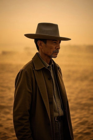The old man contemplating under the desert sunsetの素材
