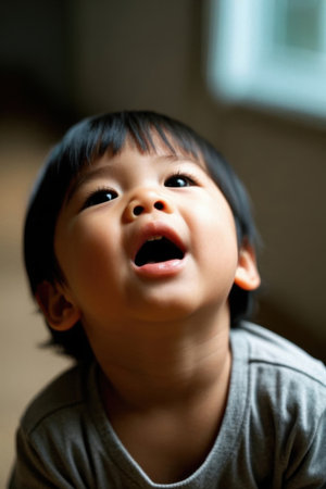 Cute baby throws his head back and laughsの素材
