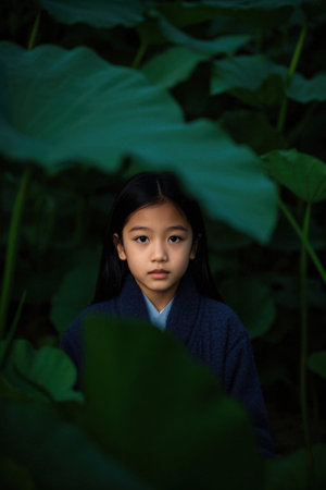 Girl in kimono standing quietly among green leavesの素材