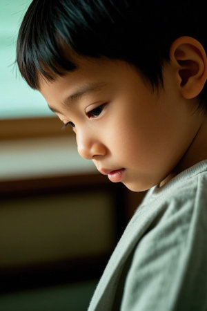 Close-up of the side face of a little boy looking down in thoughtの素材