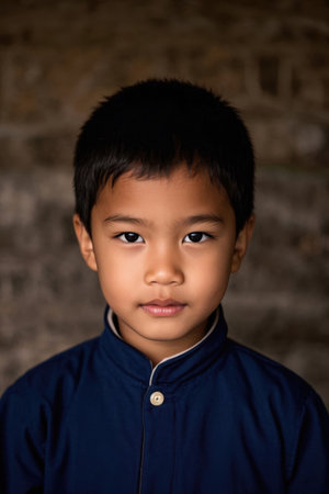 Portrait of Asian boy in blue coatの素材