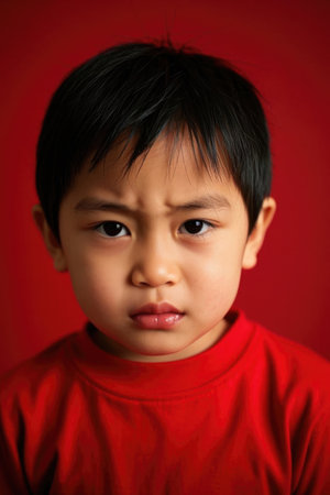 Close-up of the boy in red with a serious expressionの素材