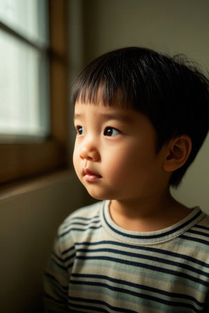 Profile of a young boy contemplating in the sunの素材