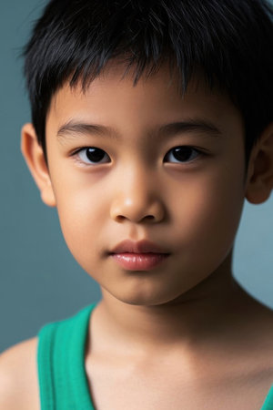 Portrait of Asian little boy with focused eyesの素材