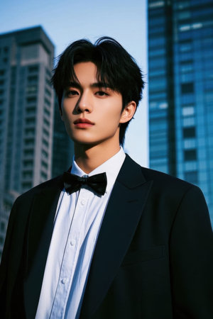 Fashionable suit youth urban background photoの素材