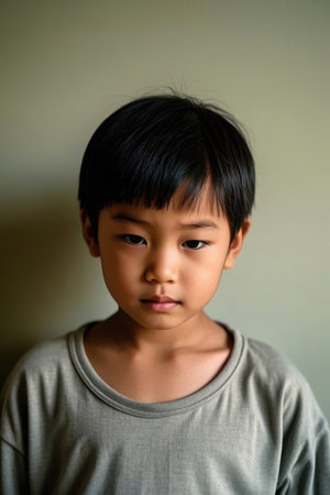 Portrait of a young boy with a melancholic expressionの素材