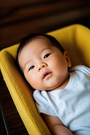 Cute baby lying quietly in yellow cradleの素材