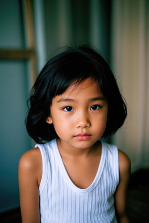Girl in white vest staring into cameraの素材