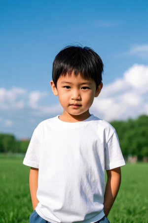 Portrait of a boy outdoors in the sunの素材
