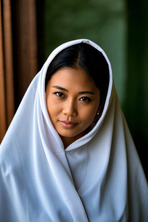 Portrait of young Asian woman in whiteの素材