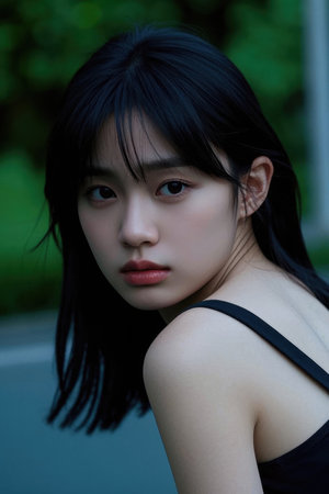 A pretty girl looks up and her eyes are clearの素材