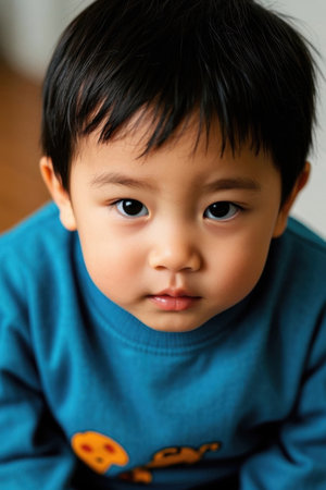 Cute baby looks down at the camera with focused eyesの素材