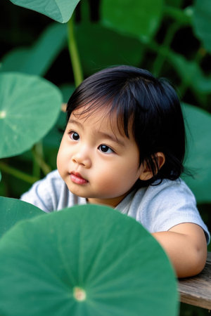 Cute baby gazing into the distance among green leavesの素材