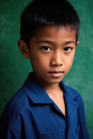 Boy in blue uniform stares into cameraの素材