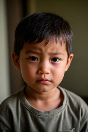 Portrait Close-up of Melancholic Little Boyの素材