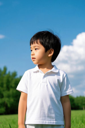 Cute little boy outdoor photo in the sunの素材