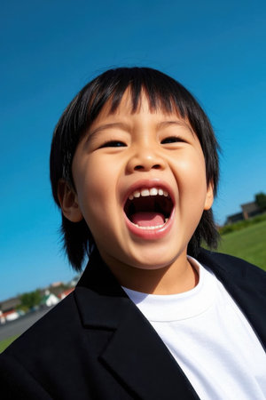 The happy little boy opened his mouth and laughedの素材