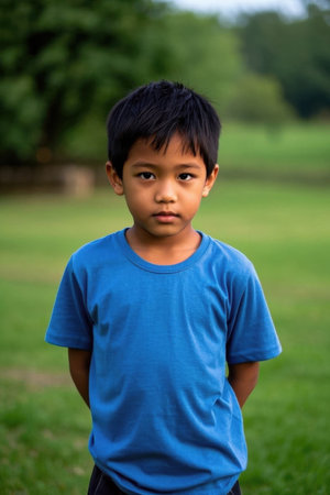 Little boy in blue T-shirt in parkの素材