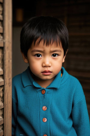 Portrait of a little boy in a blue sweaterの素材