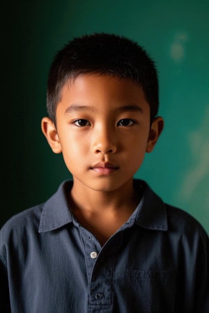 Portrait of a boy with firm eyes and serious expressionの素材