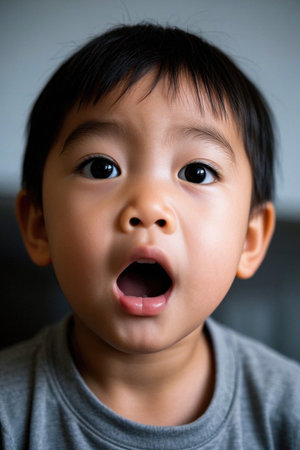 Cute baby opens his mouth wide in surpriseの素材