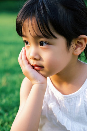 Cute girl outdoor contemplative profile pictureの素材