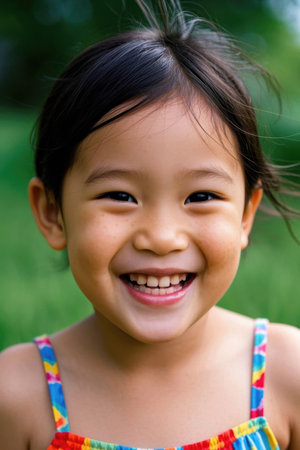 Happy little girl with a bright smileの素材