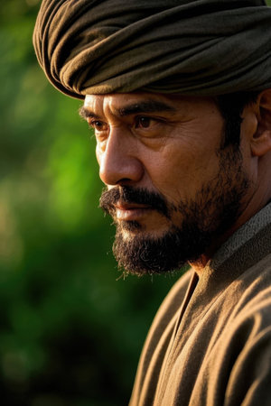 A profile photo of a middle-aged man wearing a headscarf at sunsetの素材