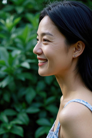 Outdoor photo of a smiling young woman with a profileの素材