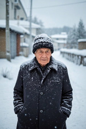 A weathered old man in the snowの素材
