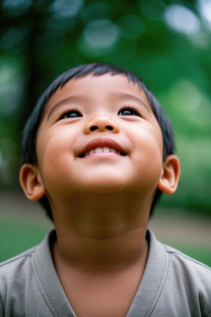 Happy children looking up at the skyの素材