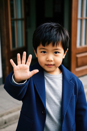 Little boy in blue coat raises his handの素材