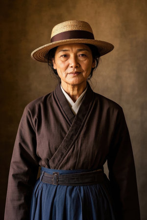 Portrait of an elderly woman in a dark robeの素材