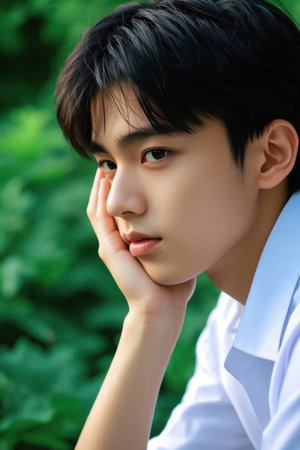 Melancholic boy's profile photo with green leaves backgroundの素材