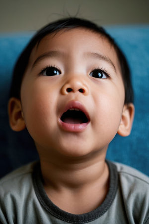 Cute baby looks up at the sky with innocent eyesの素材