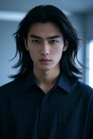 Portrait of Asian man with dark shirt and long hairの素材