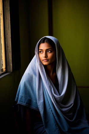 Woman in blue headscarf gazing into the distanceの素材