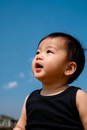 The baby looked up at the sky and smiled happilyの素材