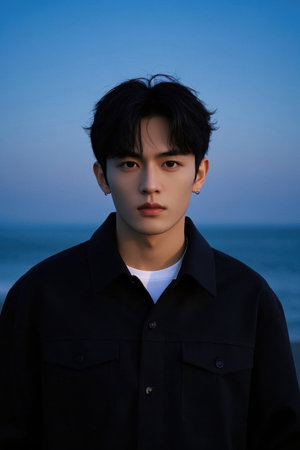 Dark-dressed youth seaside photoの素材