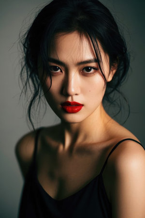 Photo Close-up of a Beauty with Red Lips and Black Dressの素材