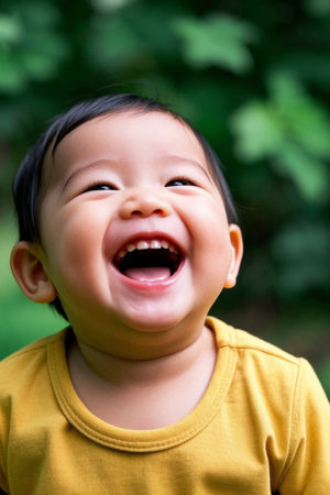 Cute baby laughing outdoor photoの素材