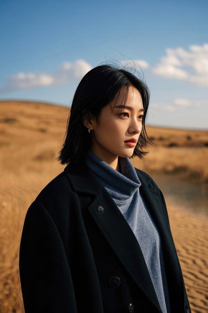 Young woman gazing into the distance in the desertの素材