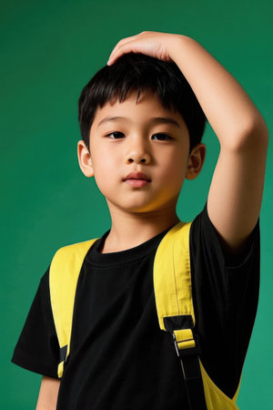 Boy touches head and smiles in yellow school bagの素材