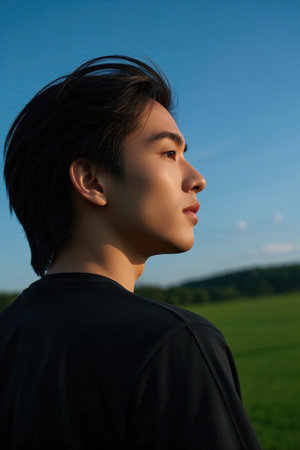 Young man's outdoor profile is sunnyの素材