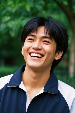 Happy young Asian man outdoor photoの素材