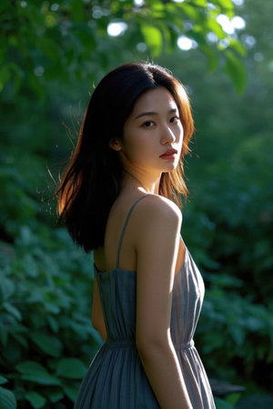 Beautiful girl with side face in the sunの素材