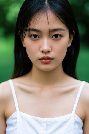 Pure girl outdoor photo green backgroundの素材