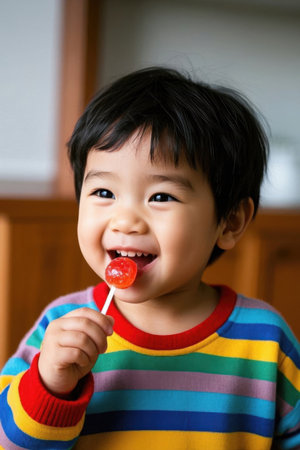 Happy little boy eating lollipopの素材
