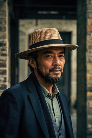 Mature man in suit and straw hatの素材