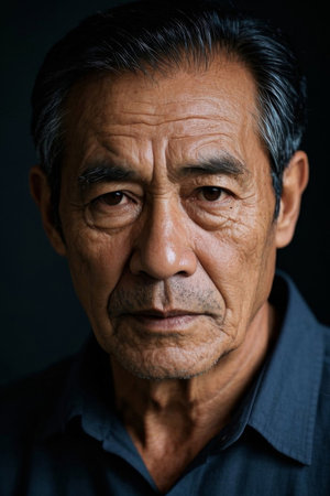 Portrait of a weathered elderly Asian manの素材
